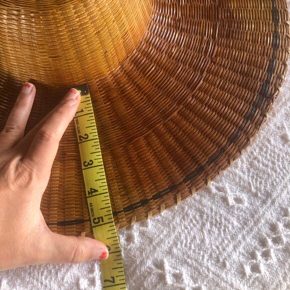 Vintage Handwoven Rattan Wide Brim Conical Sun Hat 5in Boho Basket Weave - Picture 6 of 8
